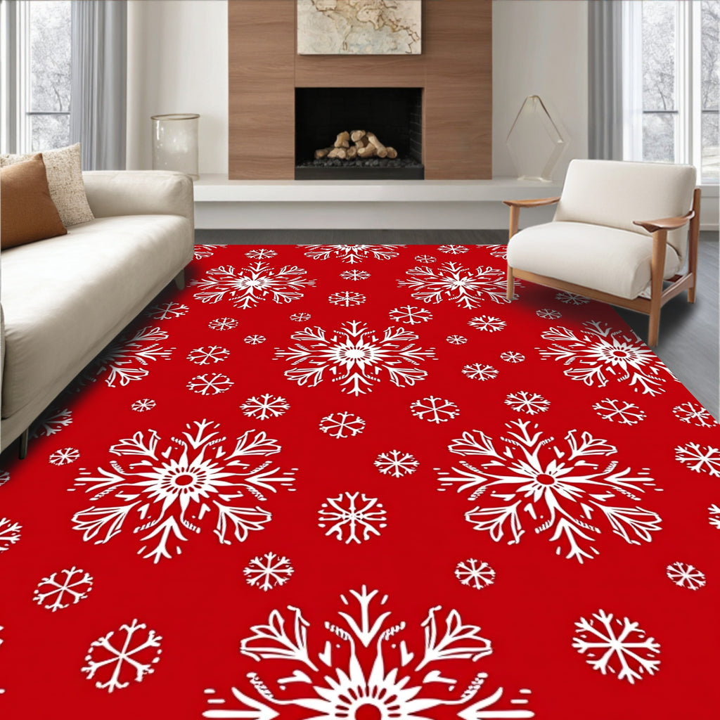 Crimson Red White Snowflake Cluster Rug
