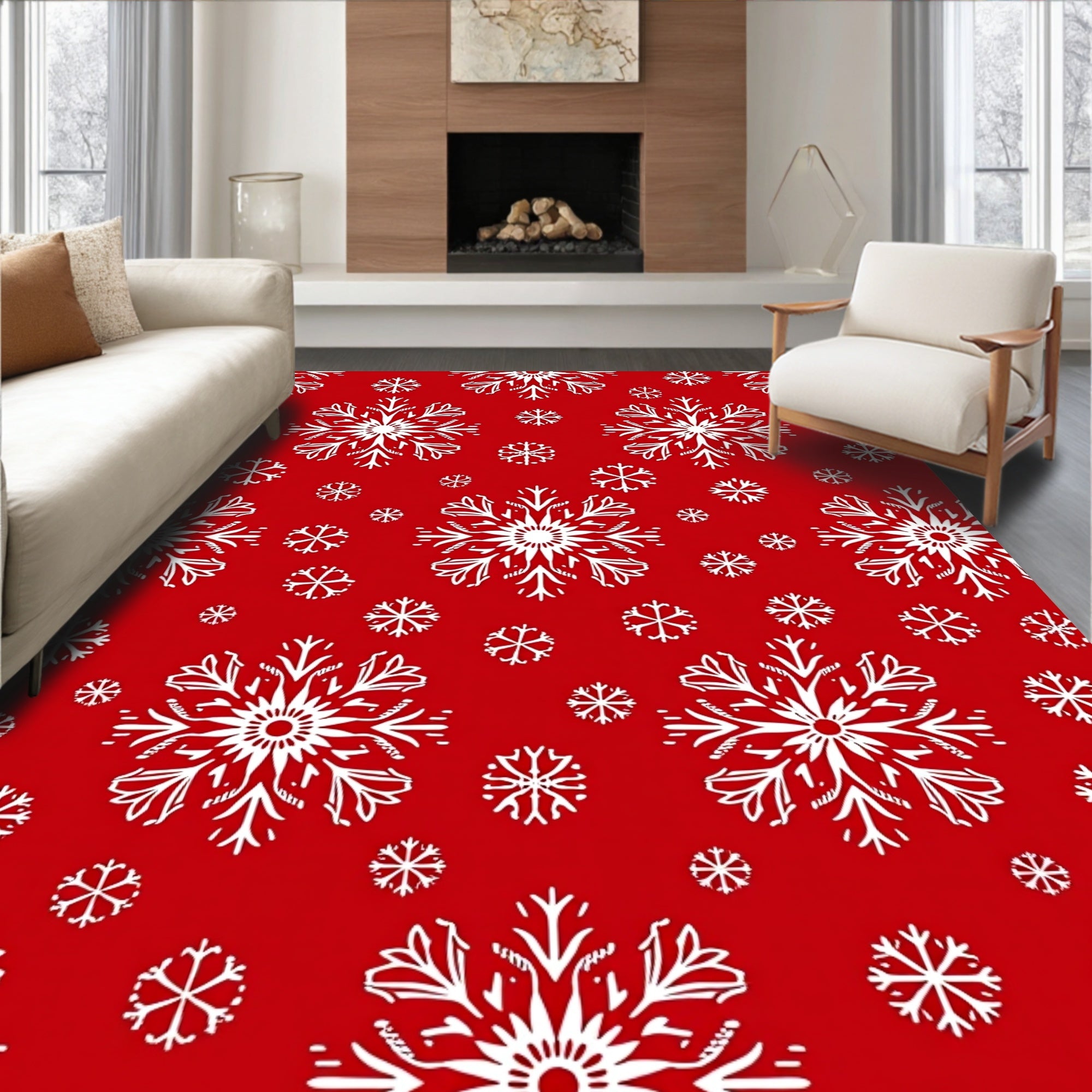 Crimson Red White Snowflake Cluster Rug