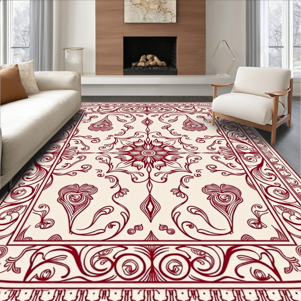 Crimson Floral Scroll Border Rug