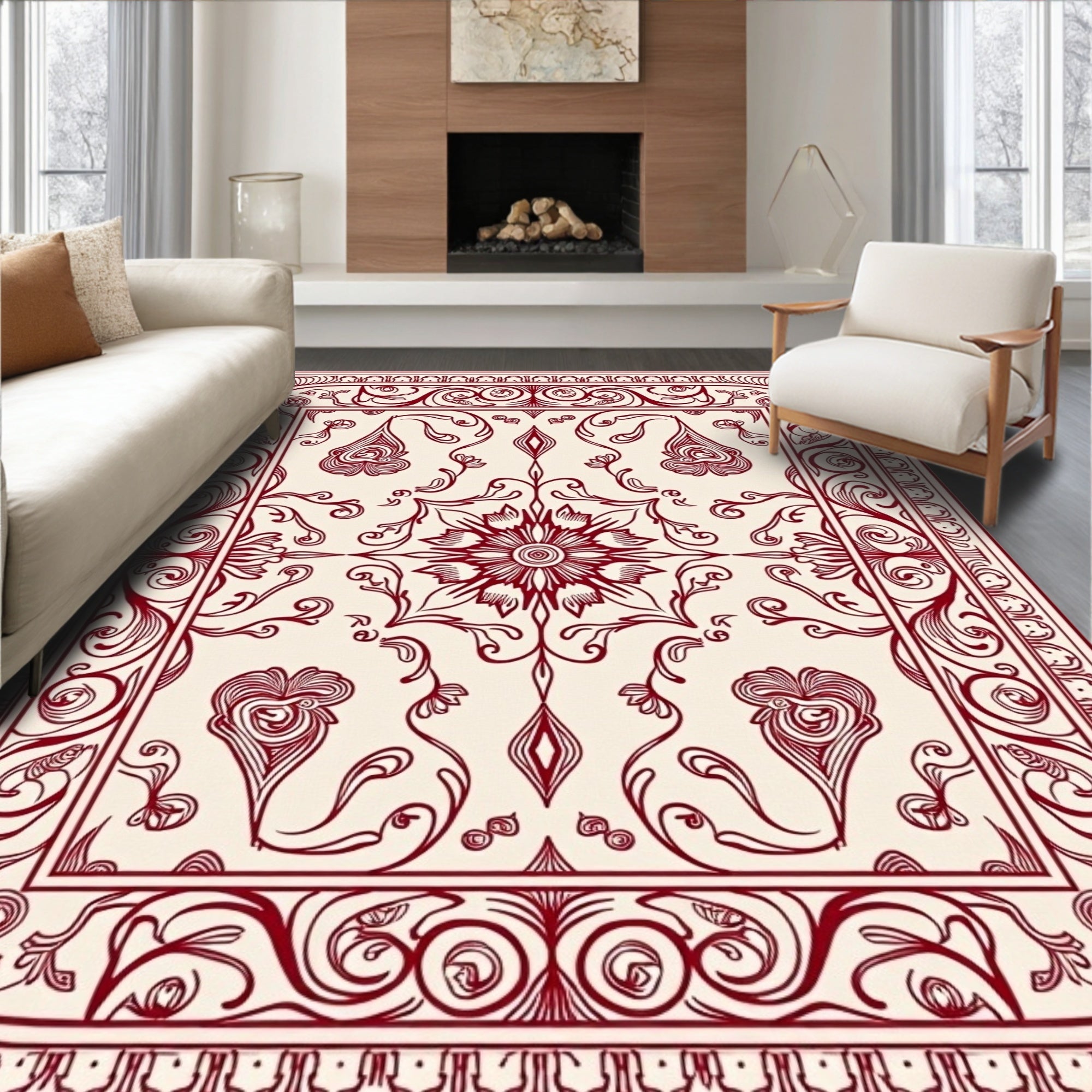 Crimson Floral Scroll Border Rug