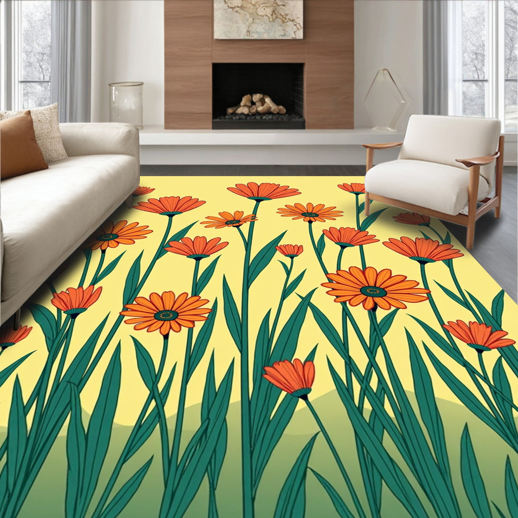 Orange Daisy Field Yellow Background Rug