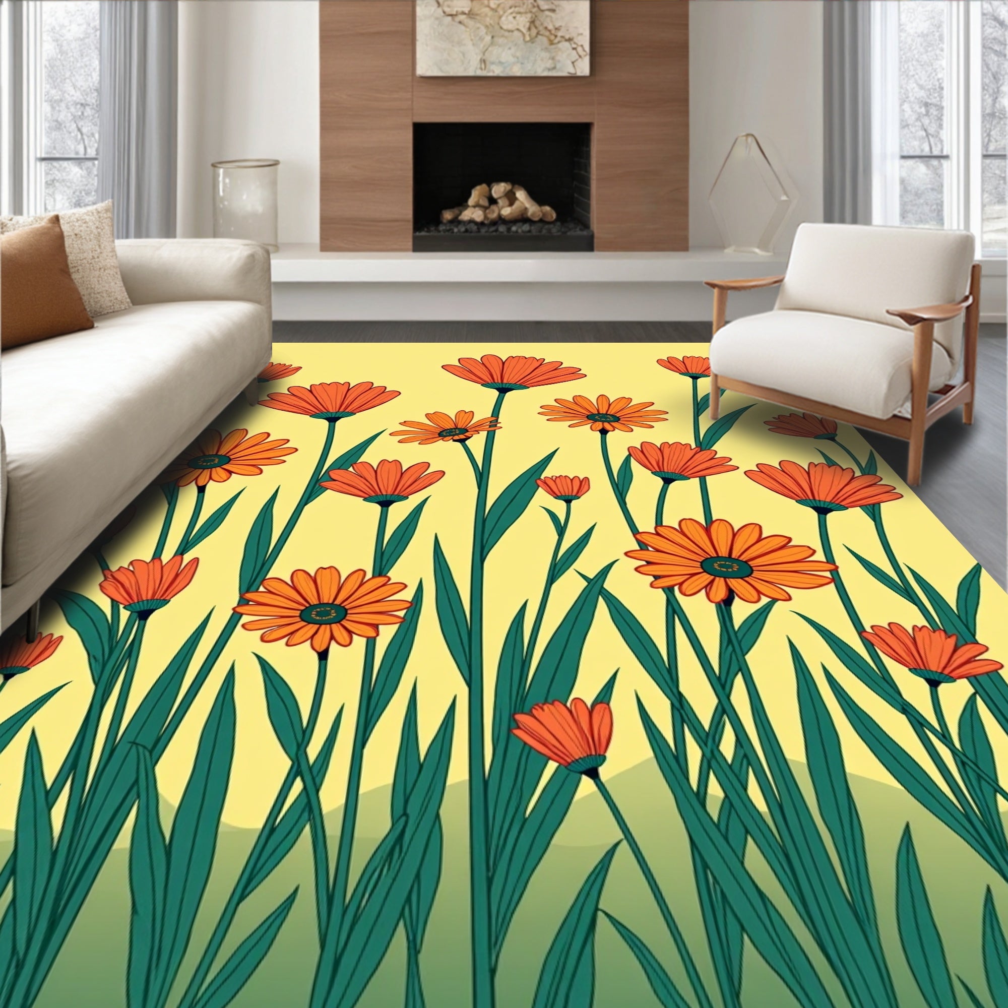 Orange Daisy Field Yellow Background Rug