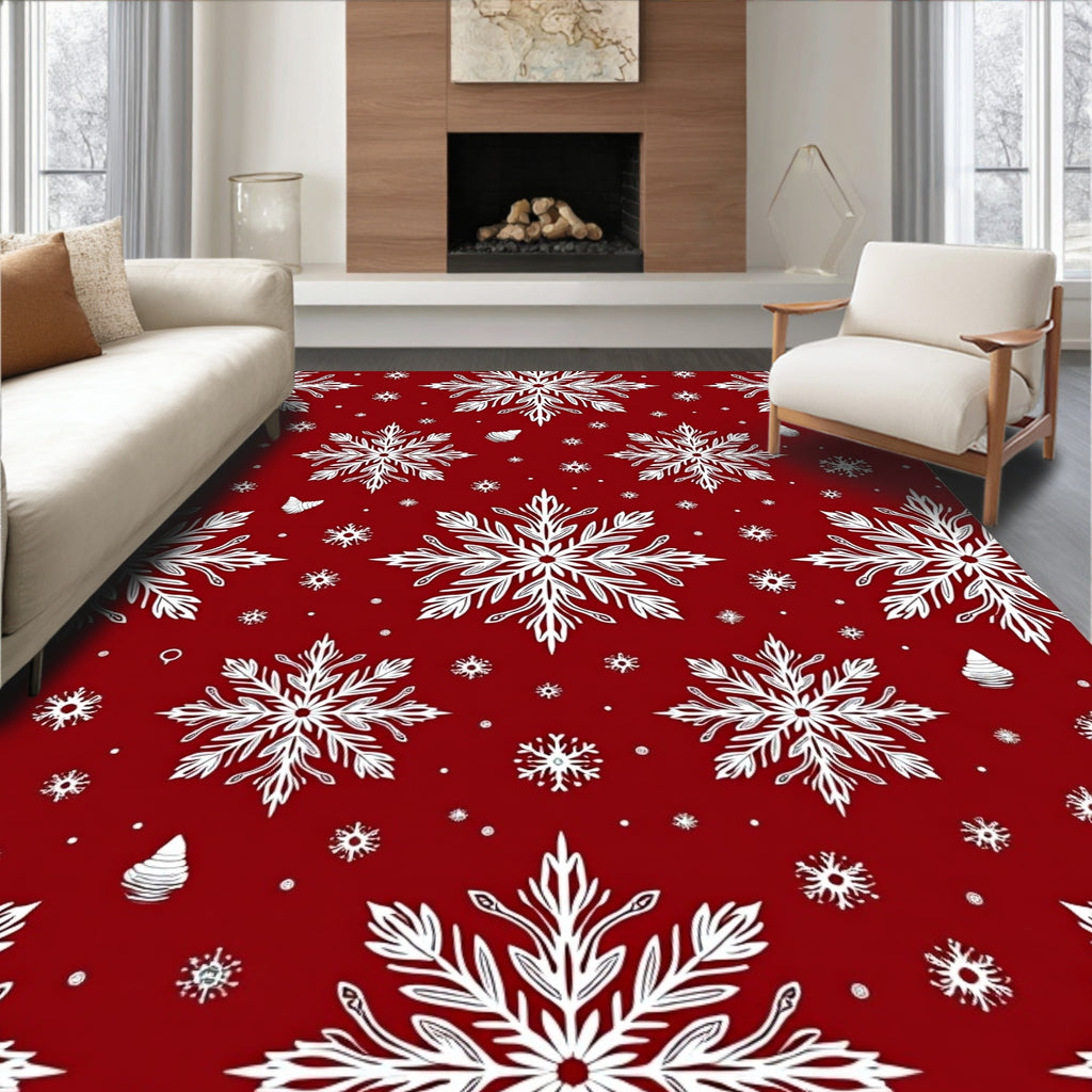 Warm Red White Snowflake Medley Rug