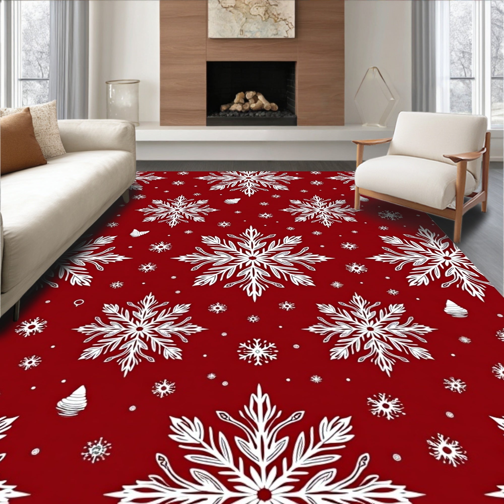 Warm Red White Snowflake Medley Rug