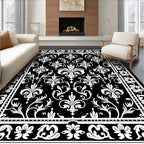 Black White Damask Fleur De Lis Frame Rug
