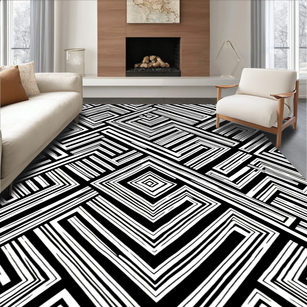 Bold Black White Linear Maze Rug