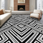 Bold Black White Linear Maze Rug