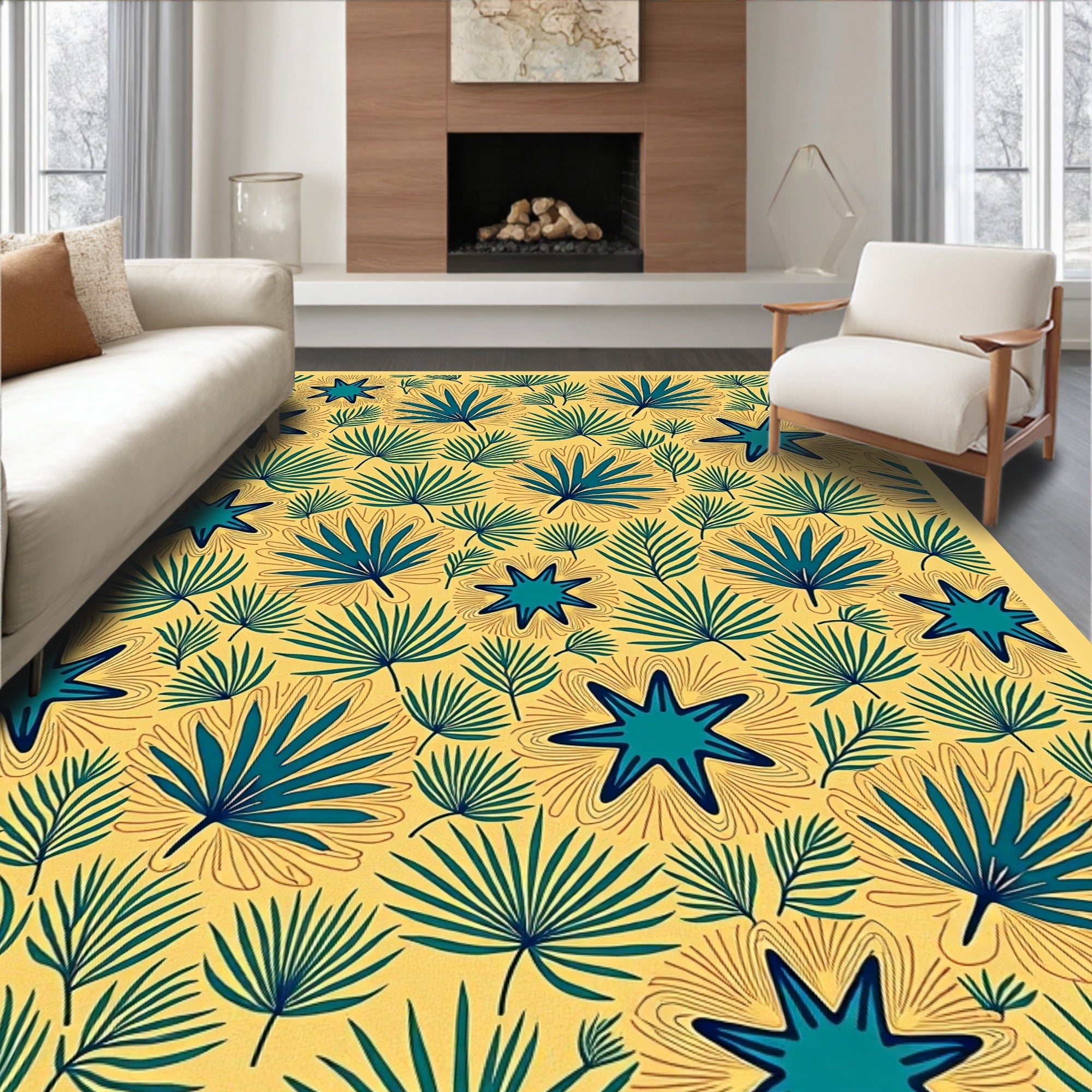 Teal Starburst Foliage Yellow Background Rug