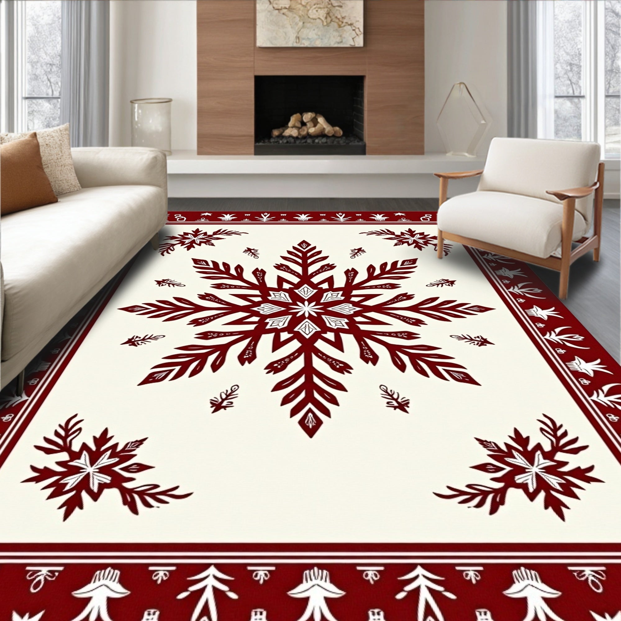 Crimson Snowflake Bordered Cream Rug