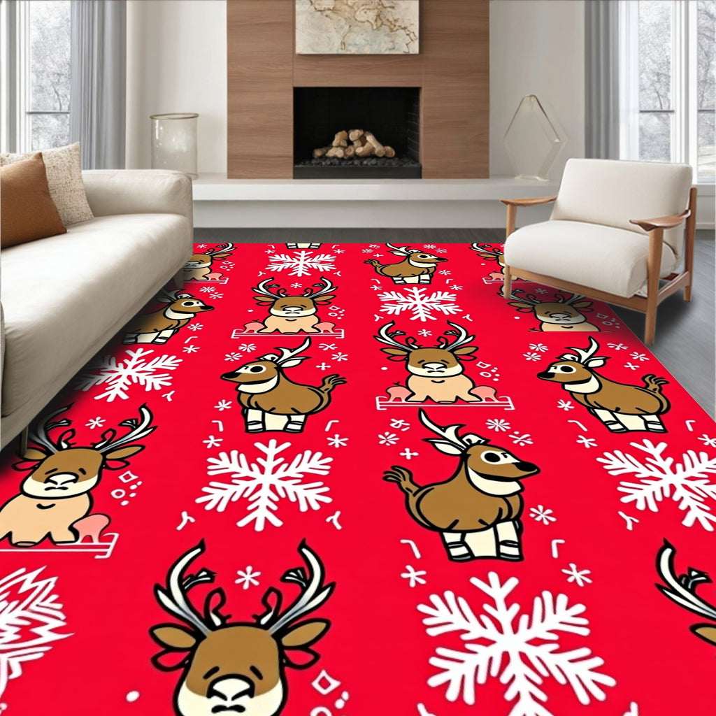 Red Winter Deer Snowflake Repeat Rug