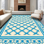 Ornate Blue Cream Lattice Border Rug