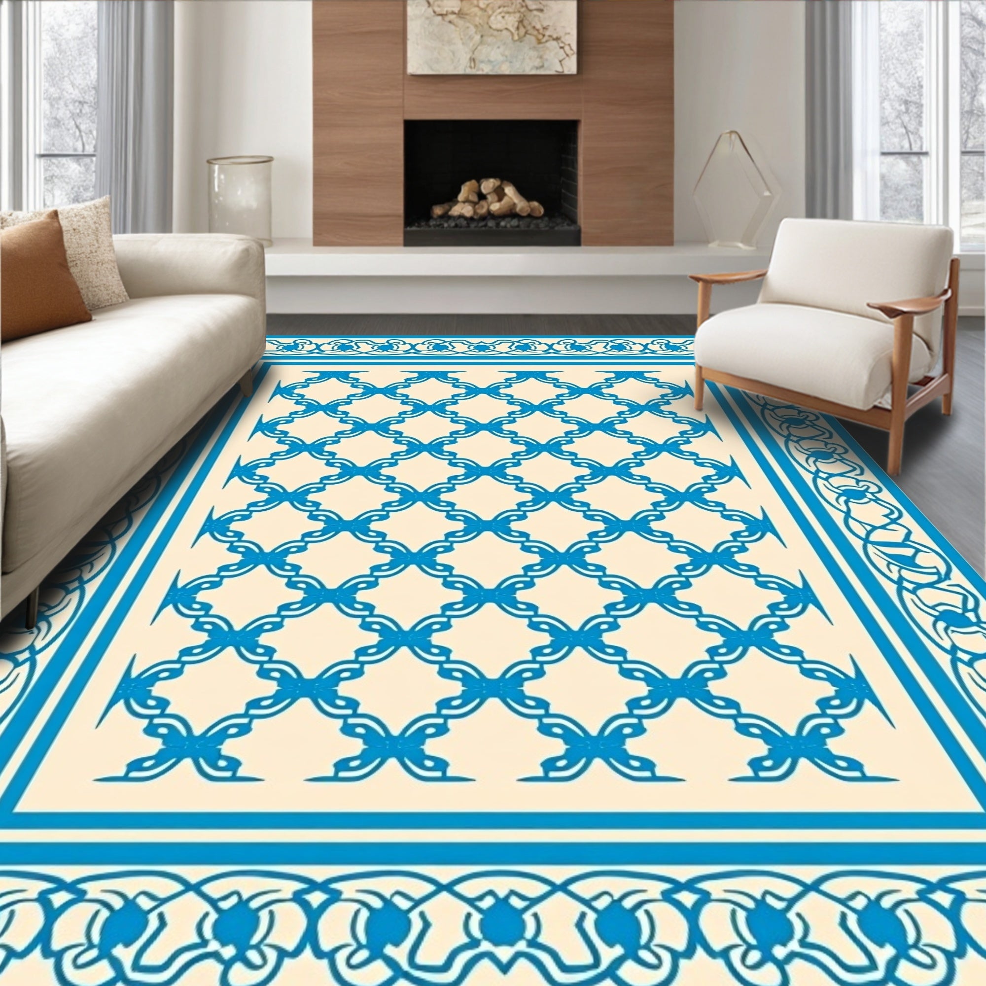 Ornate Blue Cream Lattice Border Rug