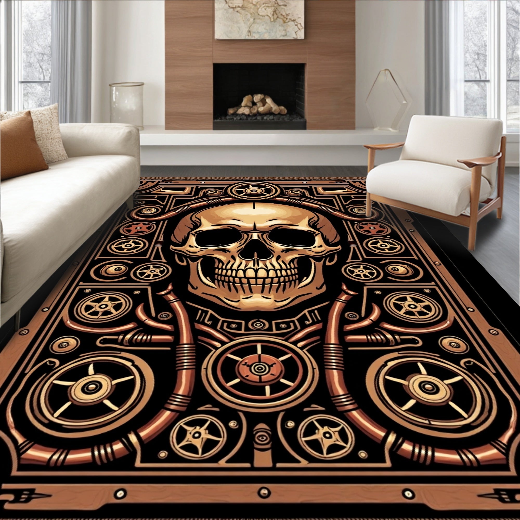 Steampunk Skull Copper Mechanism Rug
