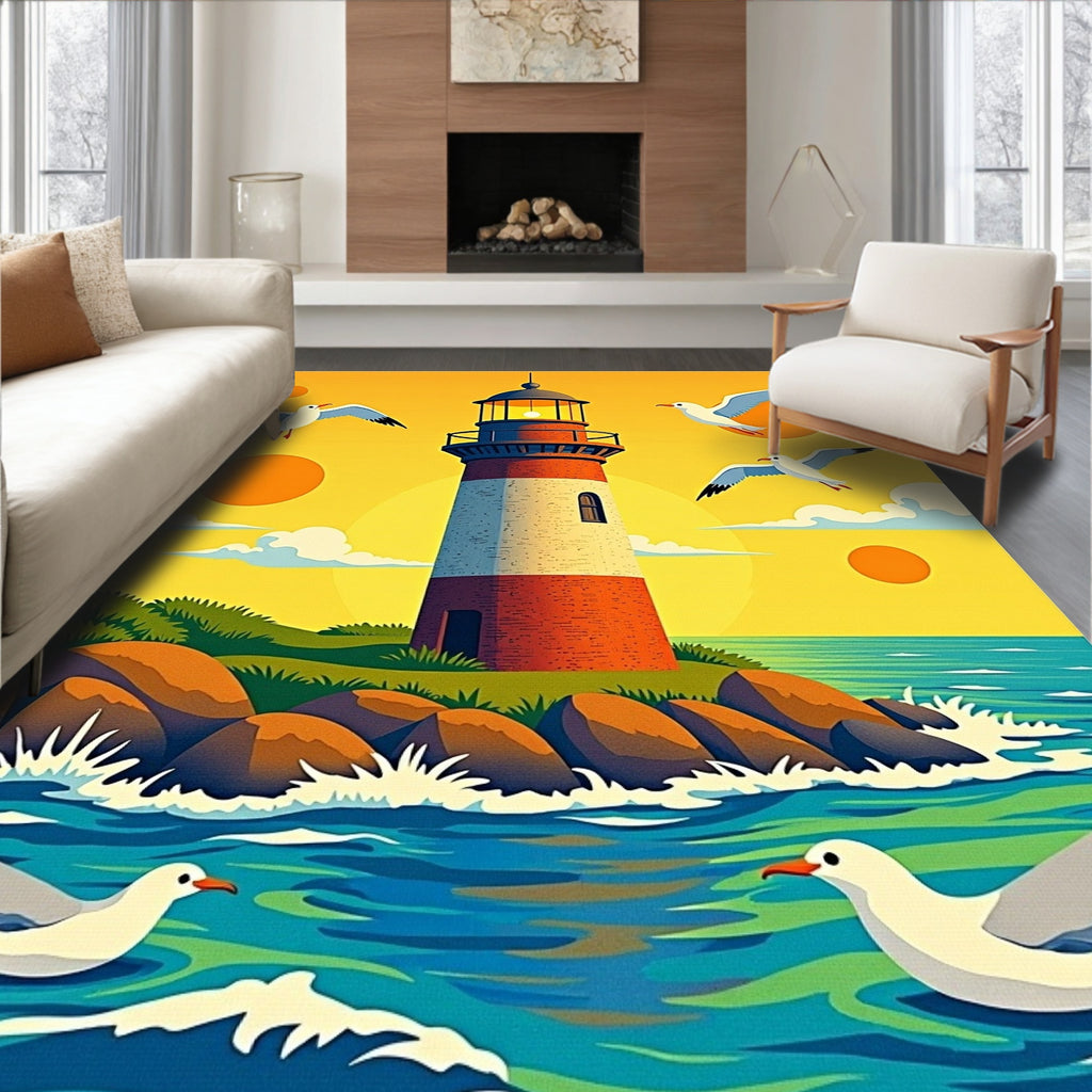Coastal Seagulls And Lighthouse Sunset Rug