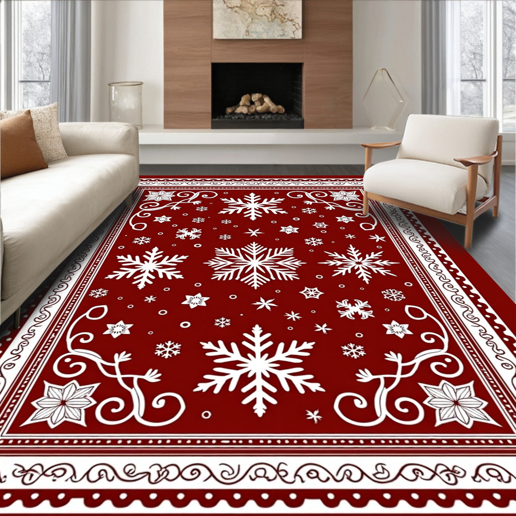 Deep Red Winter Snowflake Border Rug