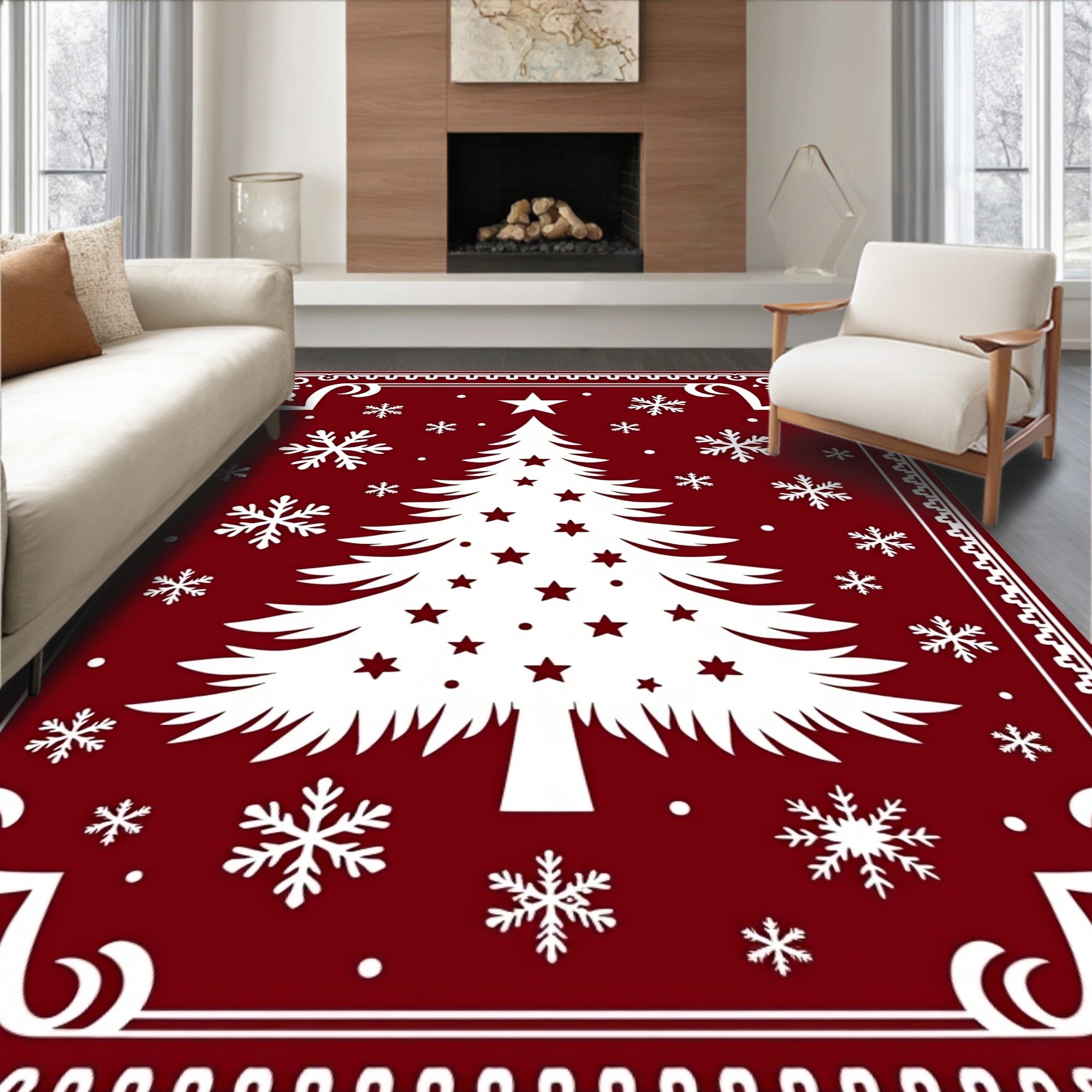 Crimson White Christmas Tree Snowflakes Rug