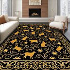 Golden Animals Black Swirling Vine Rug