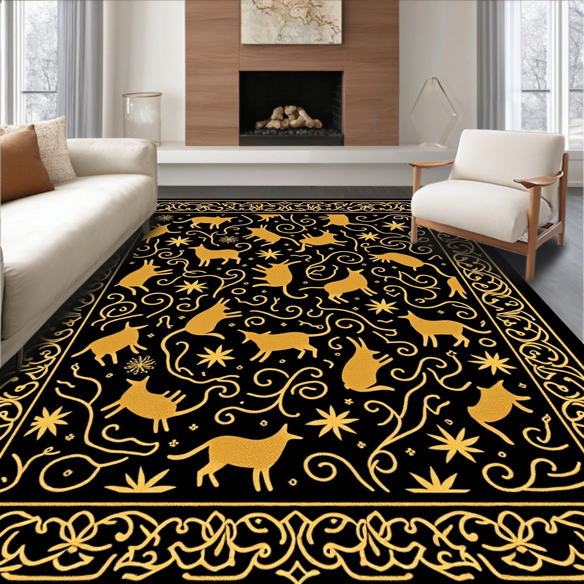 Golden Animals Black Swirling Vine Rug