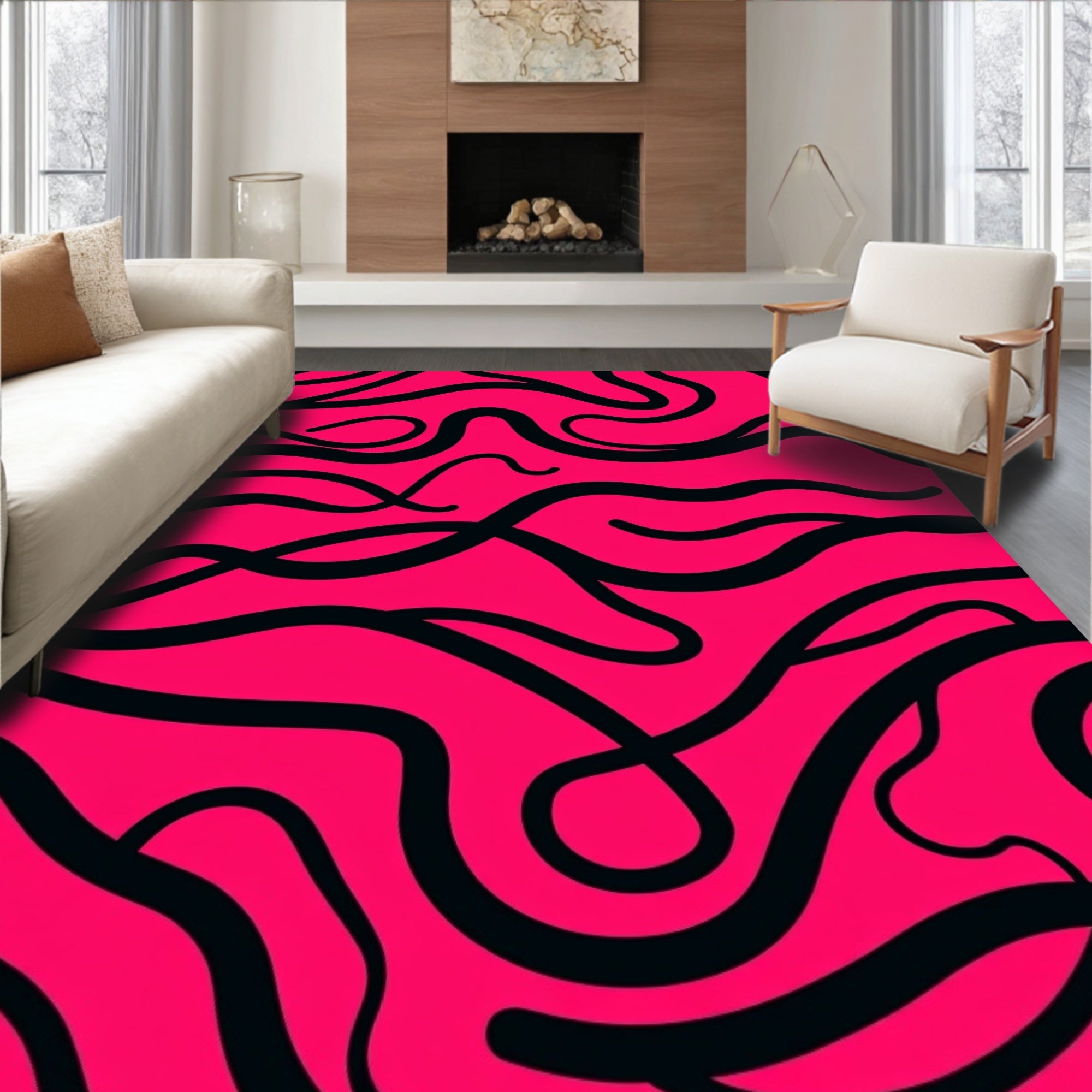 Vibrant Black Swirl Hot Pink Rug