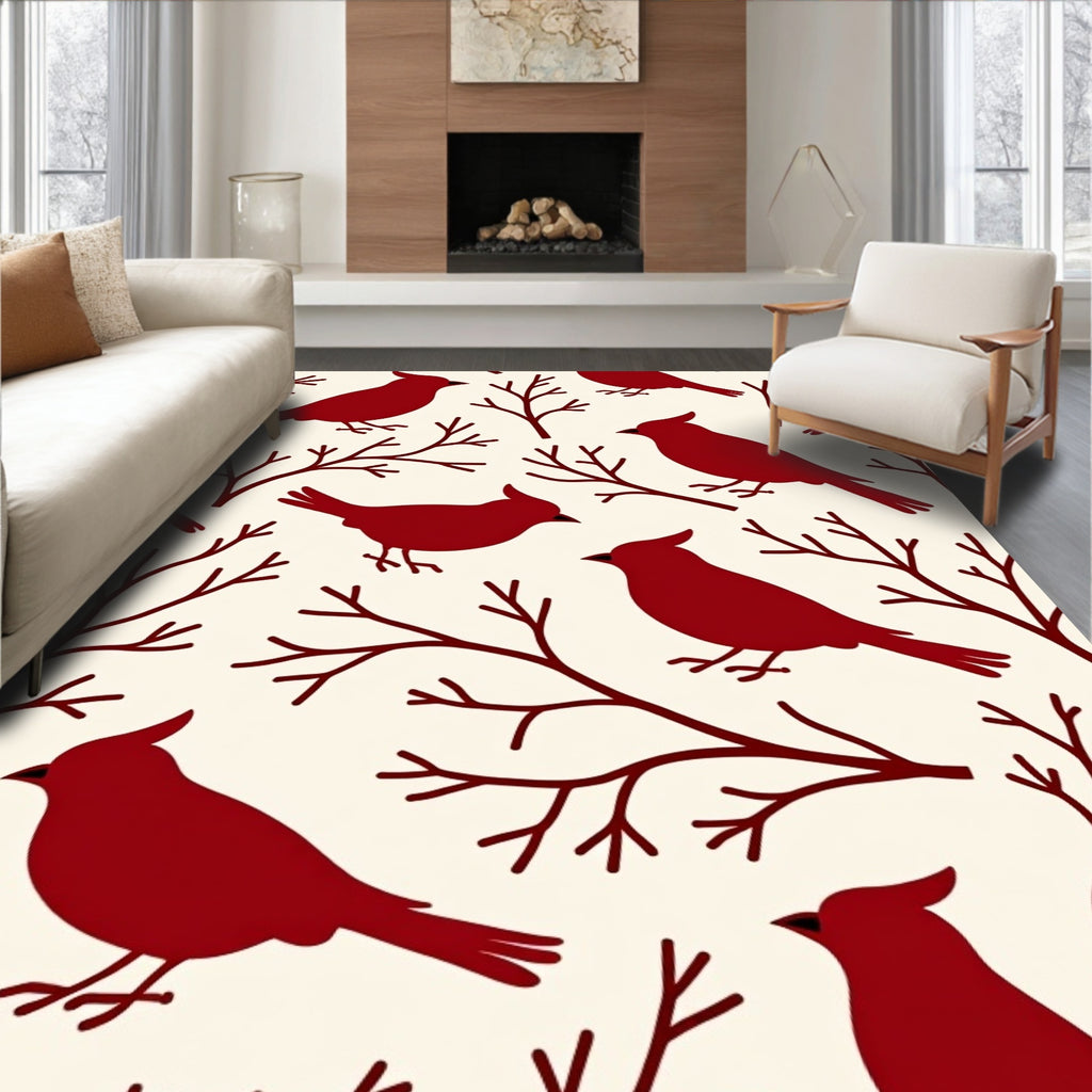 Crimson Birds Winter Branches Rug