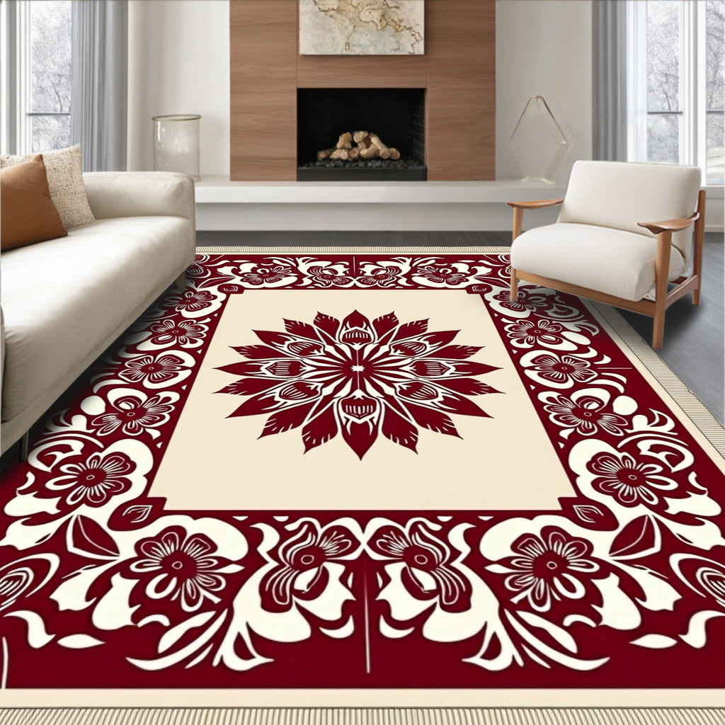 Ornate Crimson Petal Frame Rug