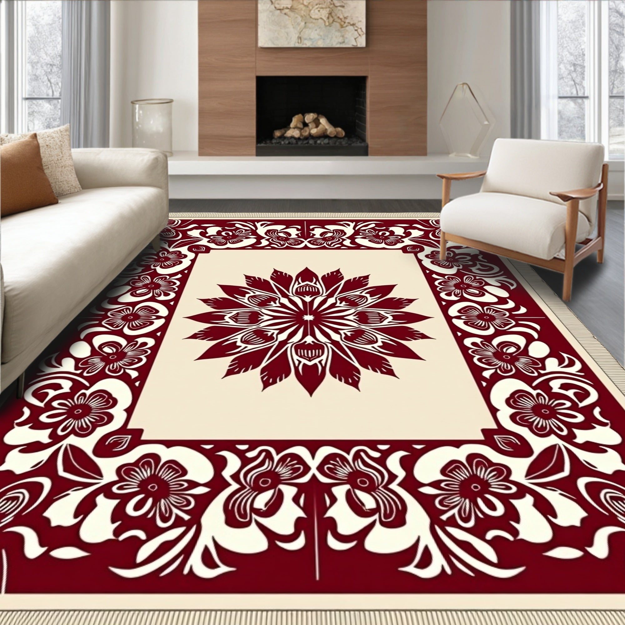 Ornate Crimson Petal Frame Rug