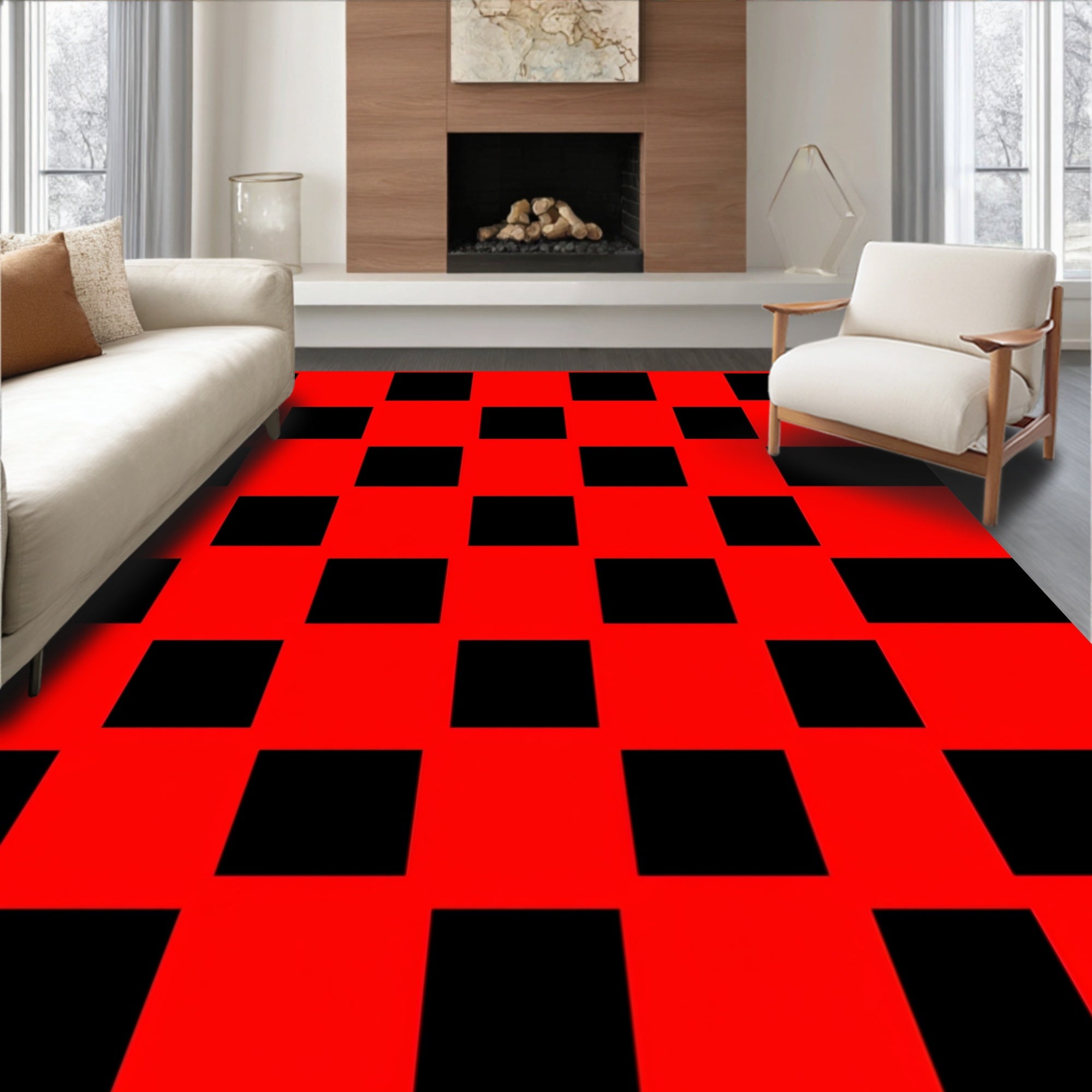 Bold Red Black Gingham Check Rug
