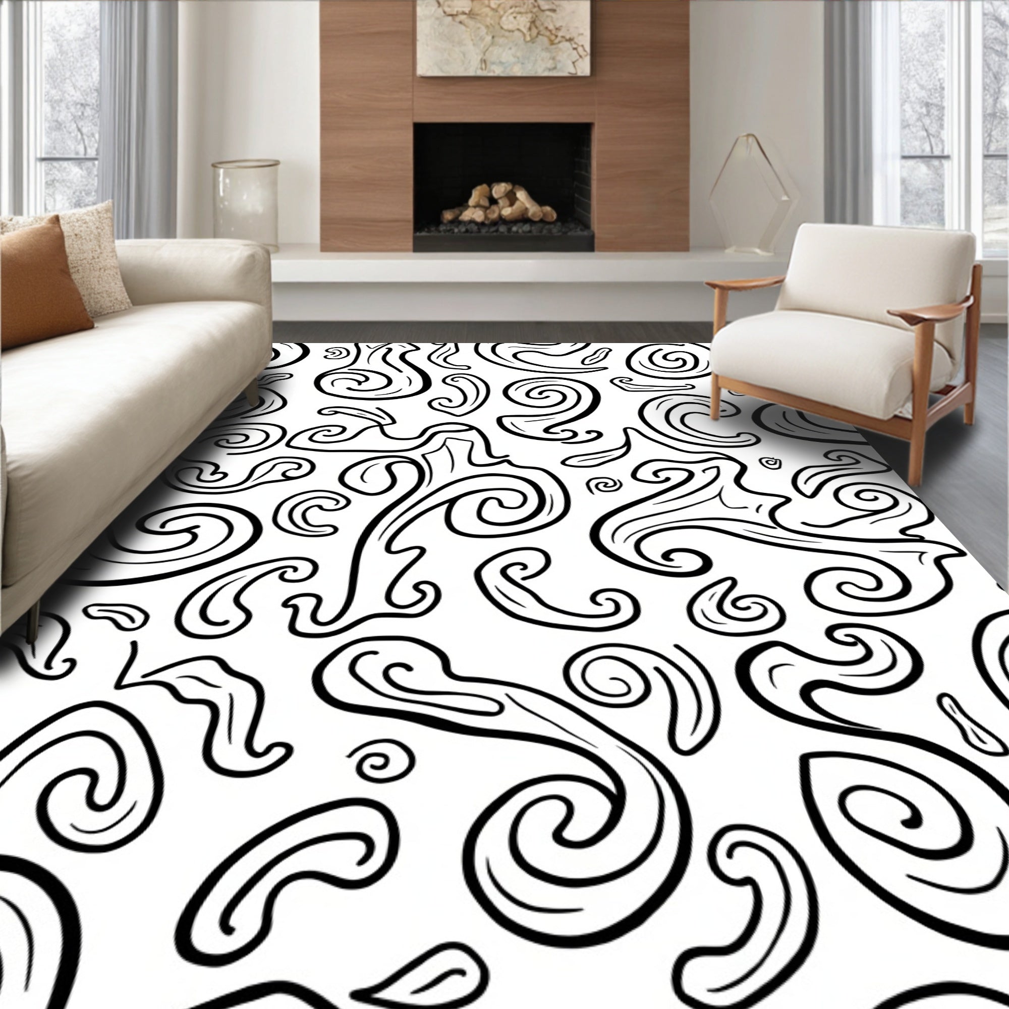 Black White Swirl Abstract Flowing Shapes Rug