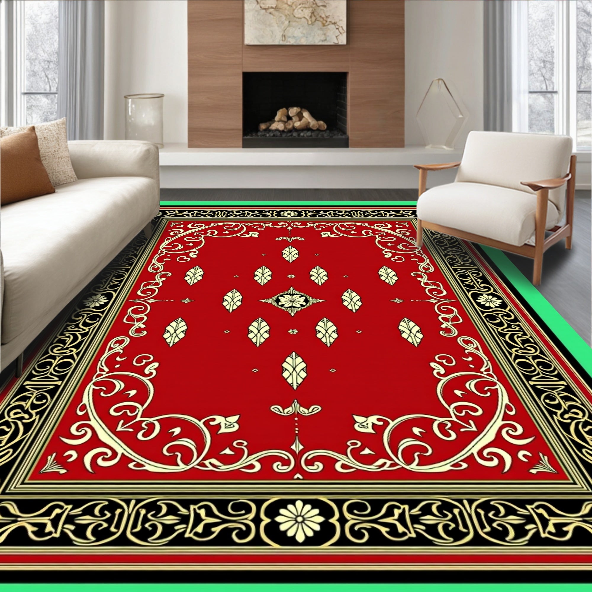 Rich Red Ivory Ornamental Border Rug