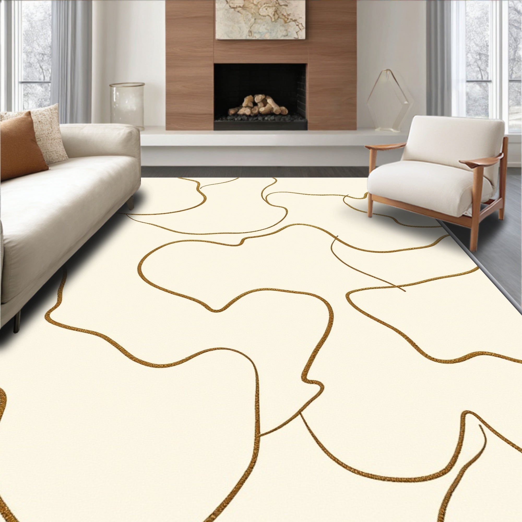 Cream and Gold Abstract Swirl Rug