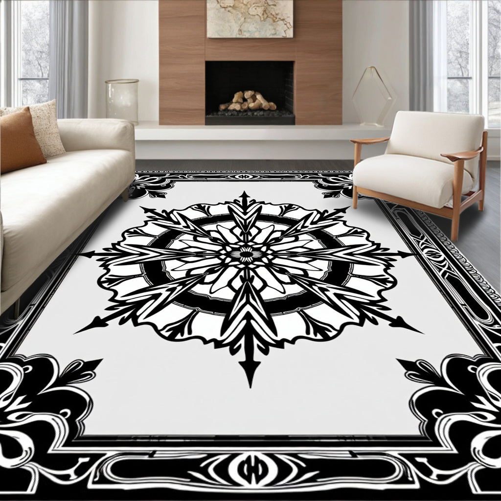 Black White Art Nouveau Floral Mandala Rug