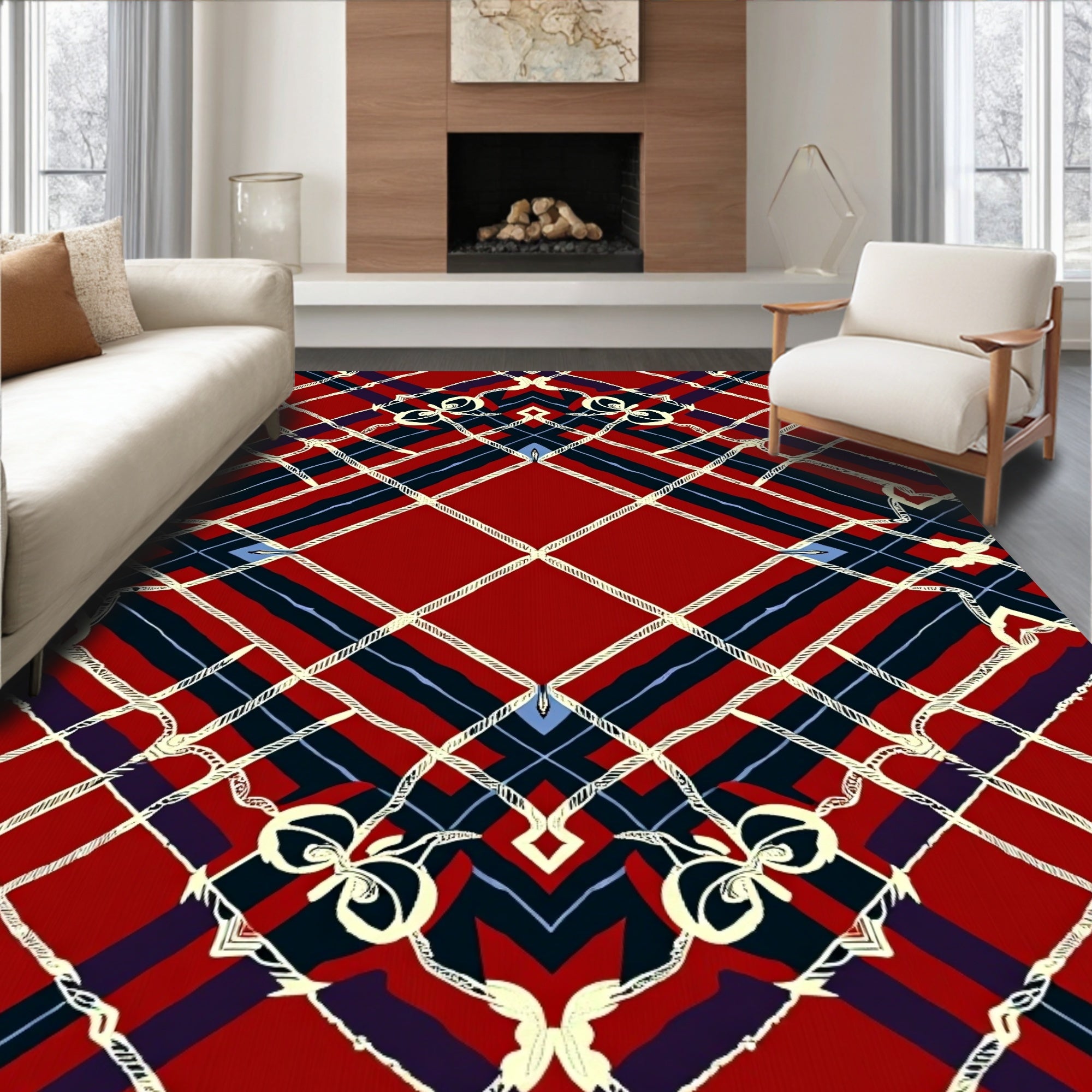 Red Tartan Diamond With Rope Detail Rug