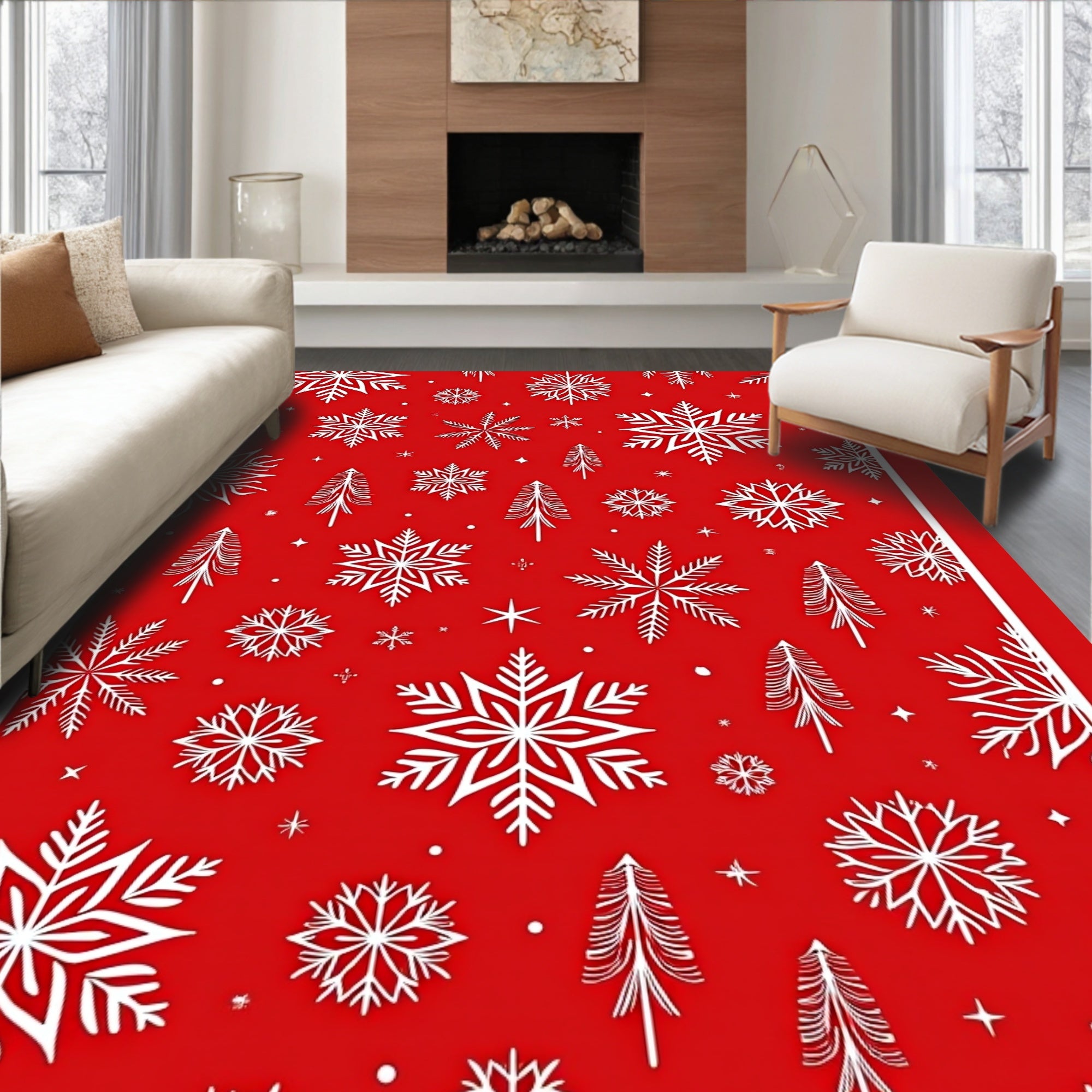 Red White Snowflake Forest Holiday Rug
