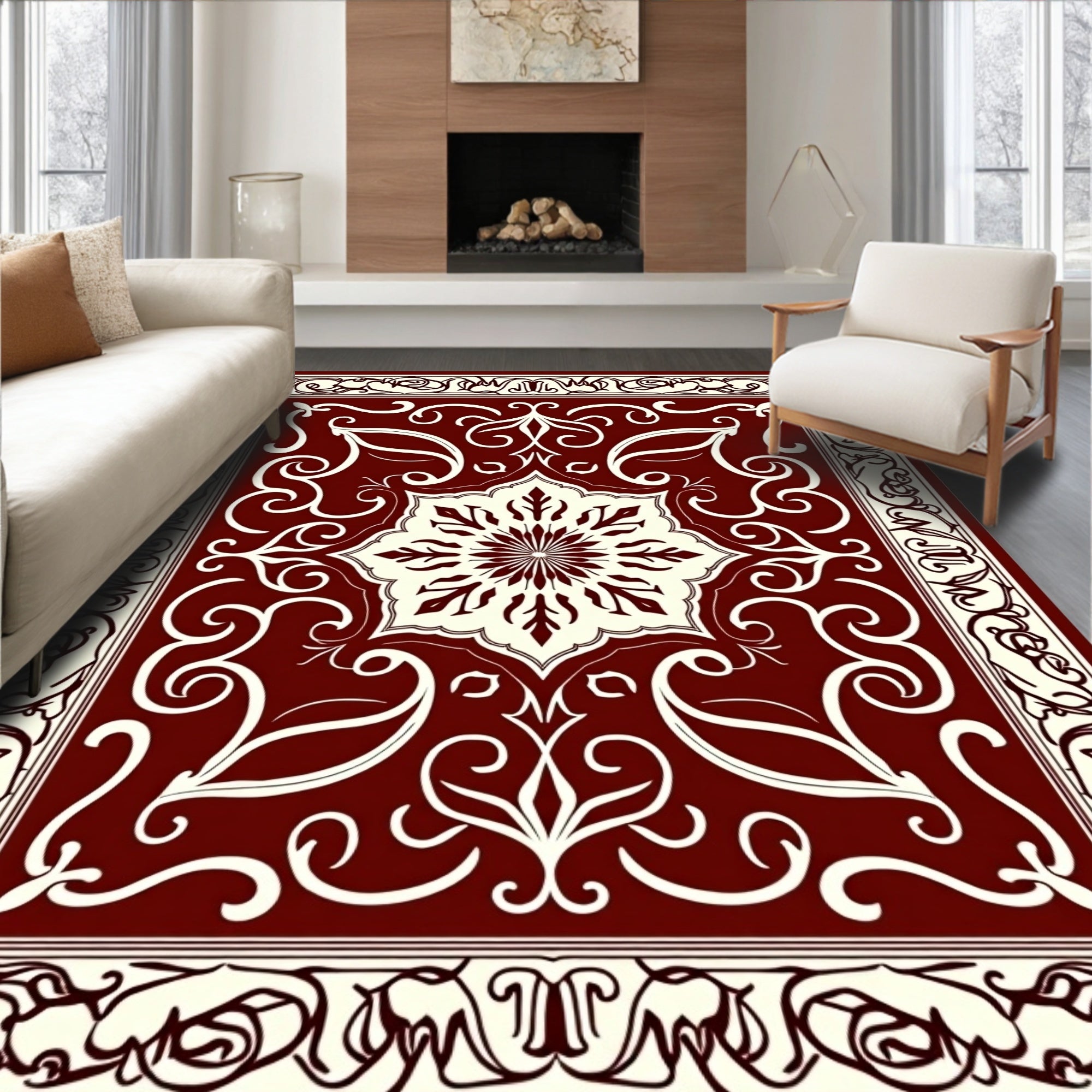 Deep Red Cream Floral Medallion Rug