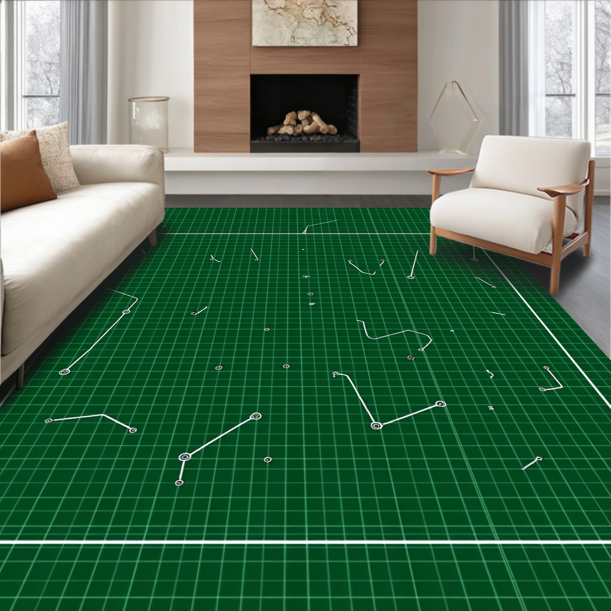 Abstract White Line Grid Green Rug