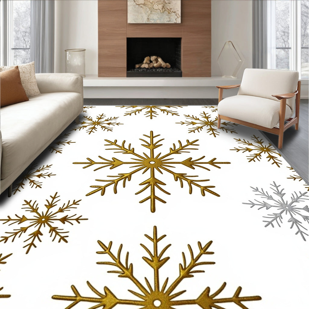 Gold Snowflake Scatter on White Background Rug