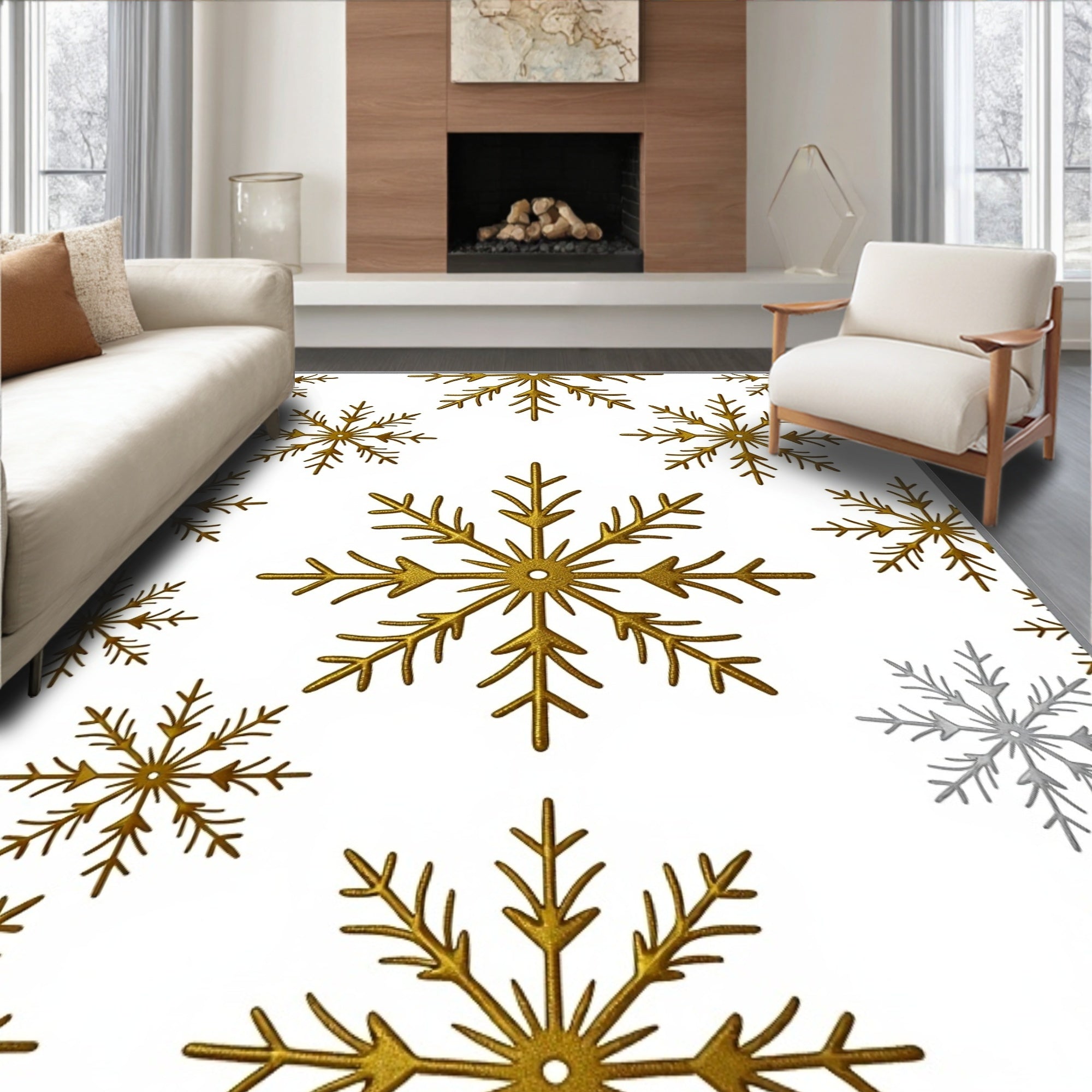 Gold Snowflake Scatter on White Background Rug