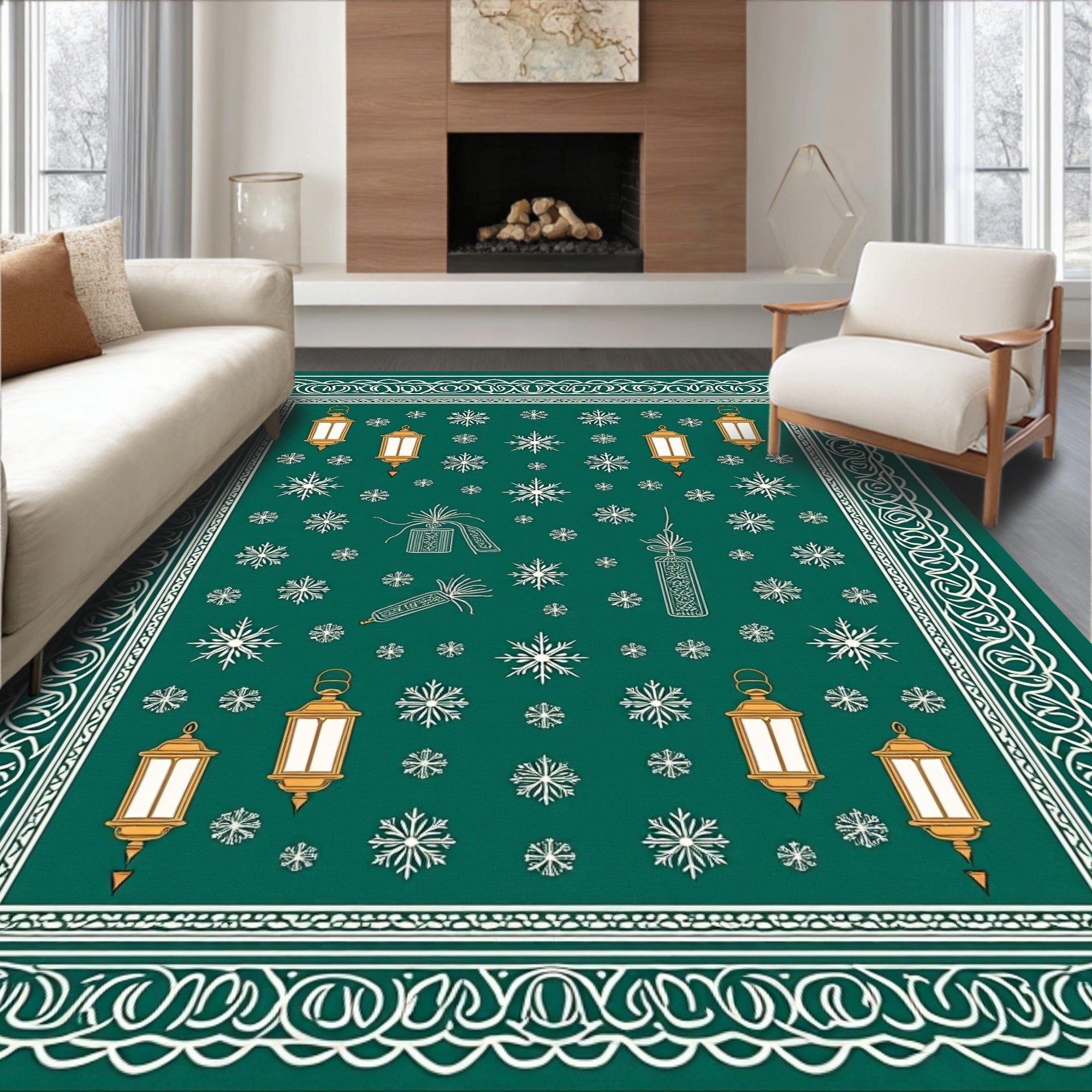 Emerald Lantern Snowflake Border Rug