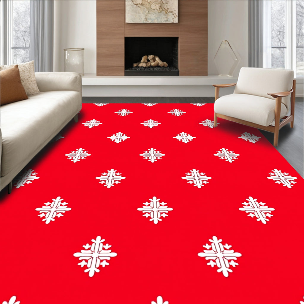 Bright Red White Snowflake Medallion Rug