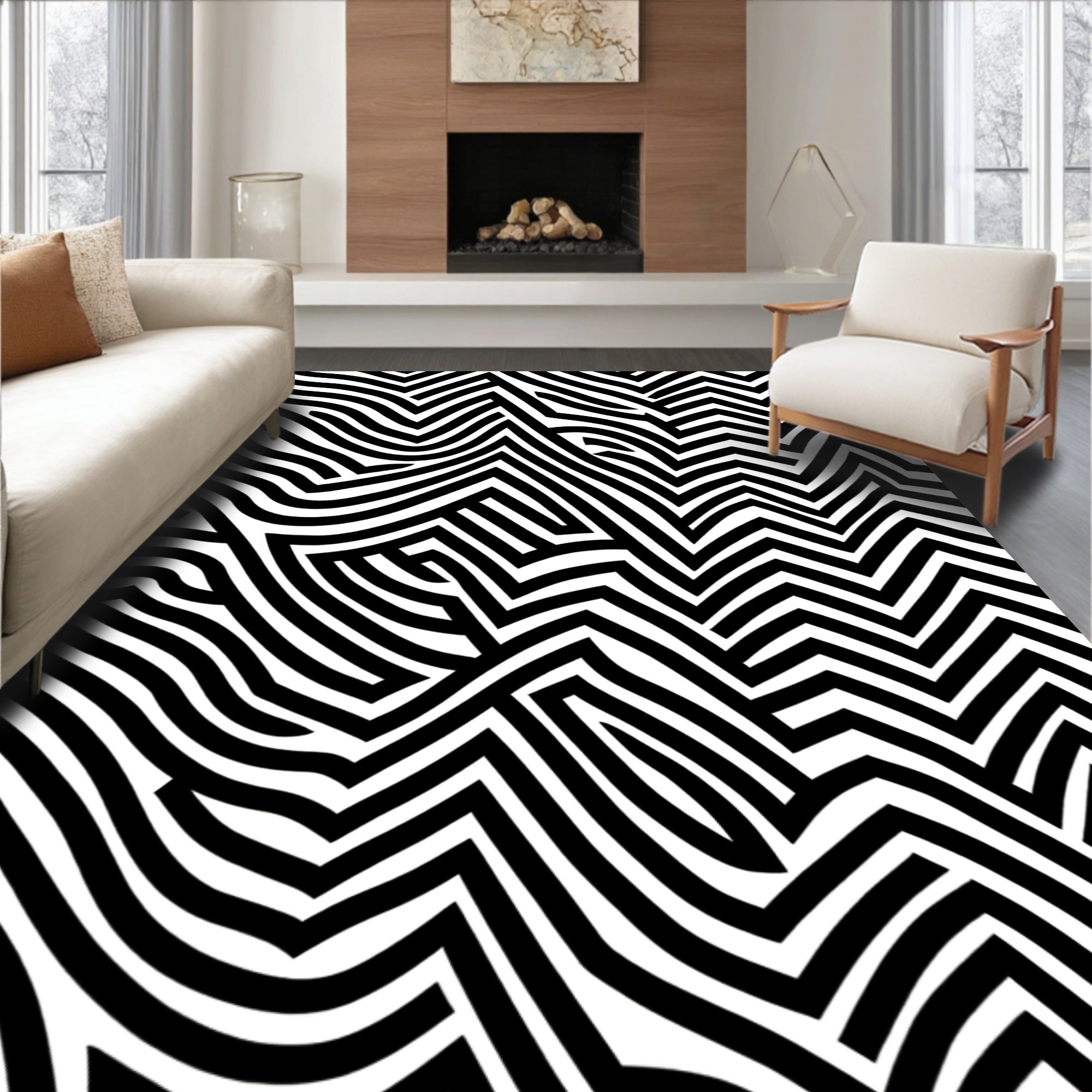 Abstract Black White Woven Lines Rug