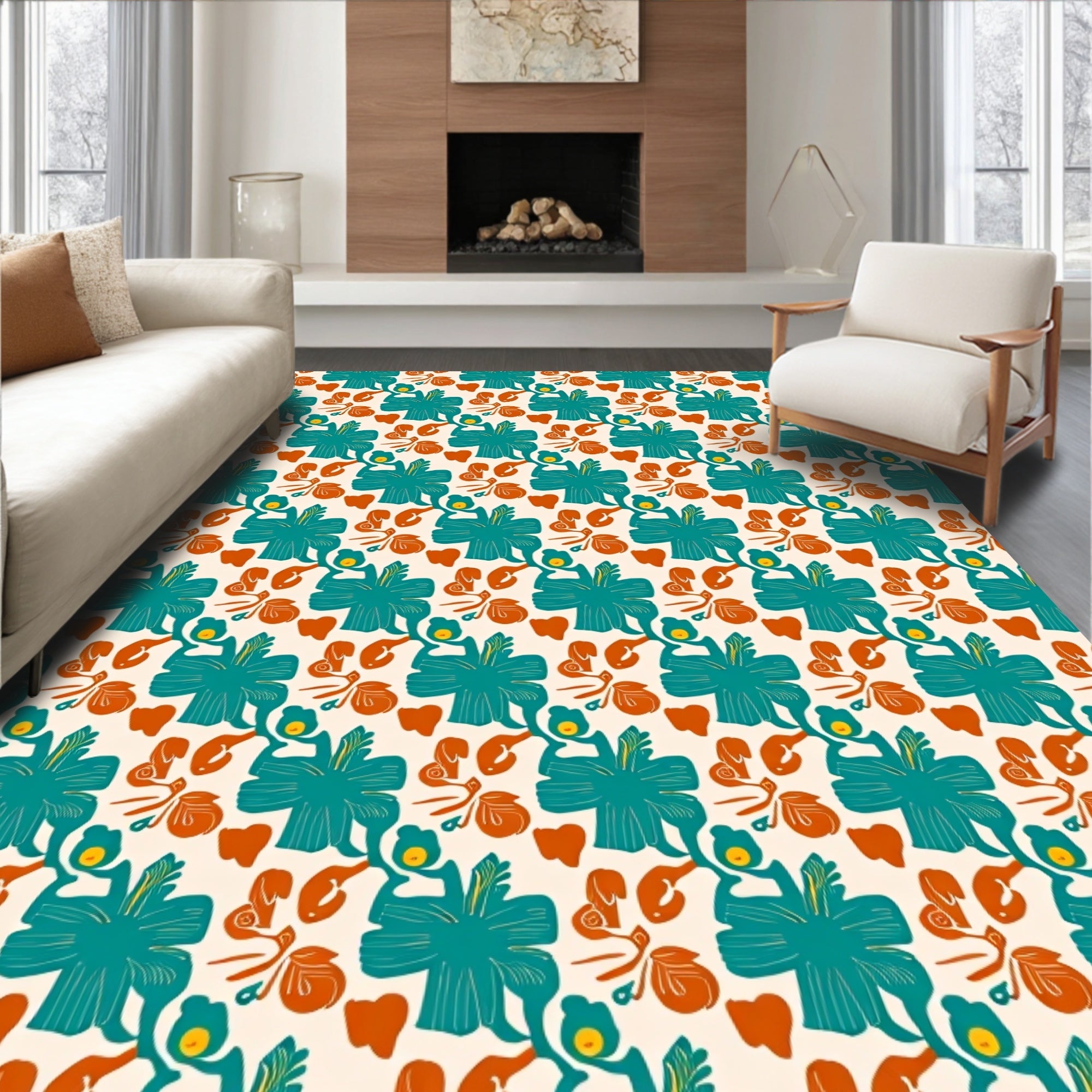Teal Coral Organic Floral Arrangement Rug