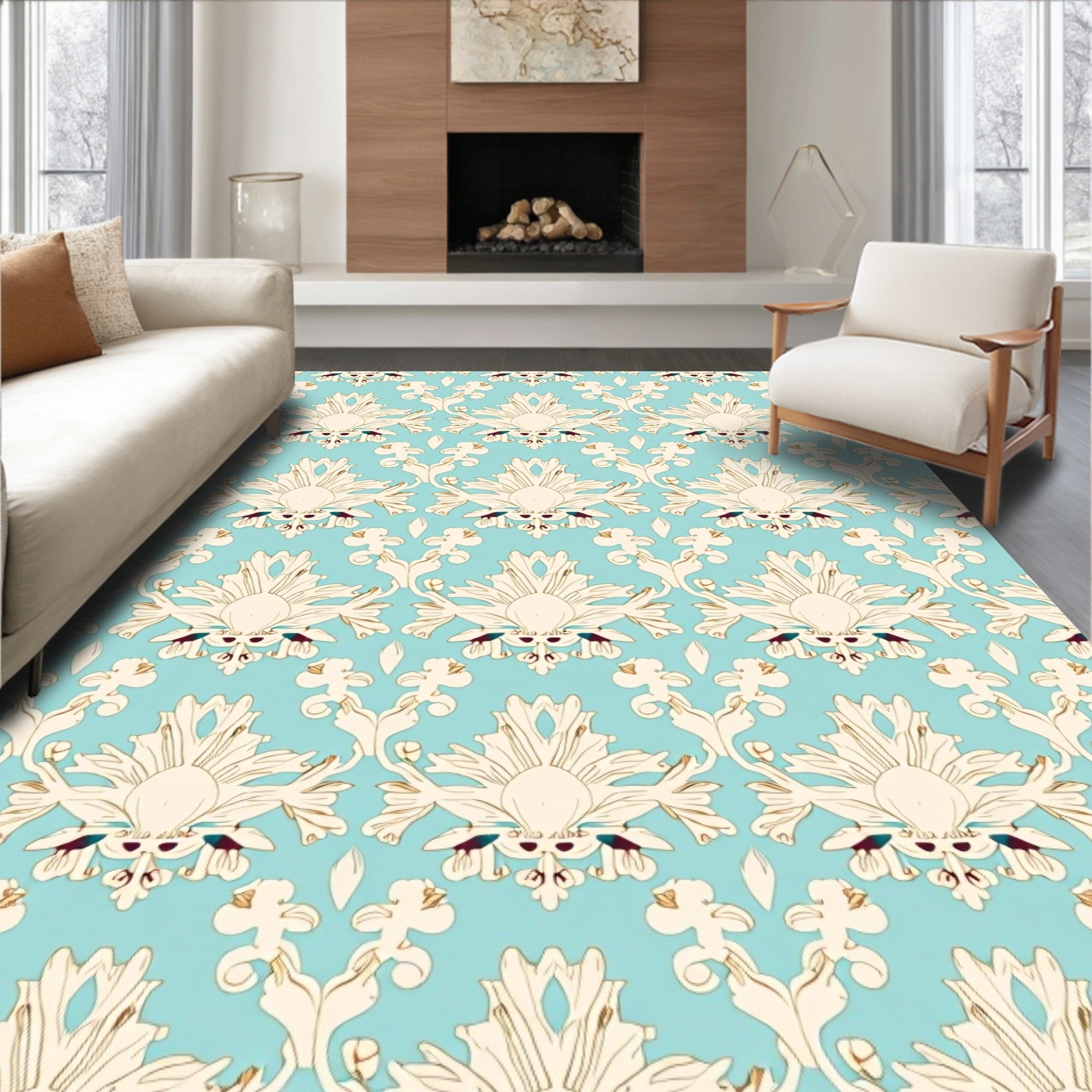 Elegant Cream Damask Aqua Background Rug