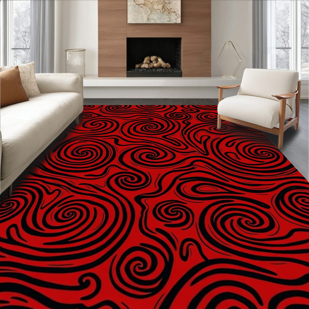 Crimson Black Swirls Abstraction Rug