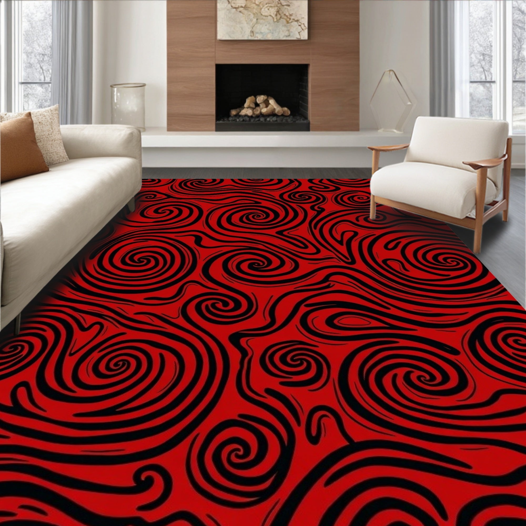 Crimson Black Swirls Abstraction Rug