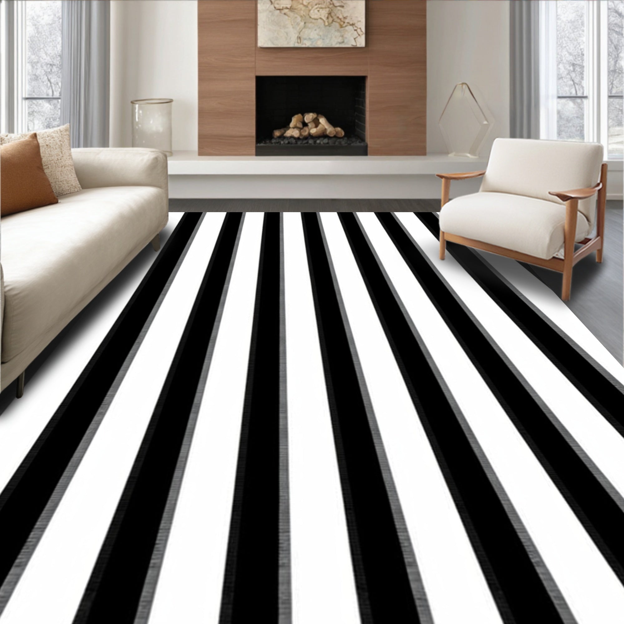 Bold Black White Vertical Stripe Rug