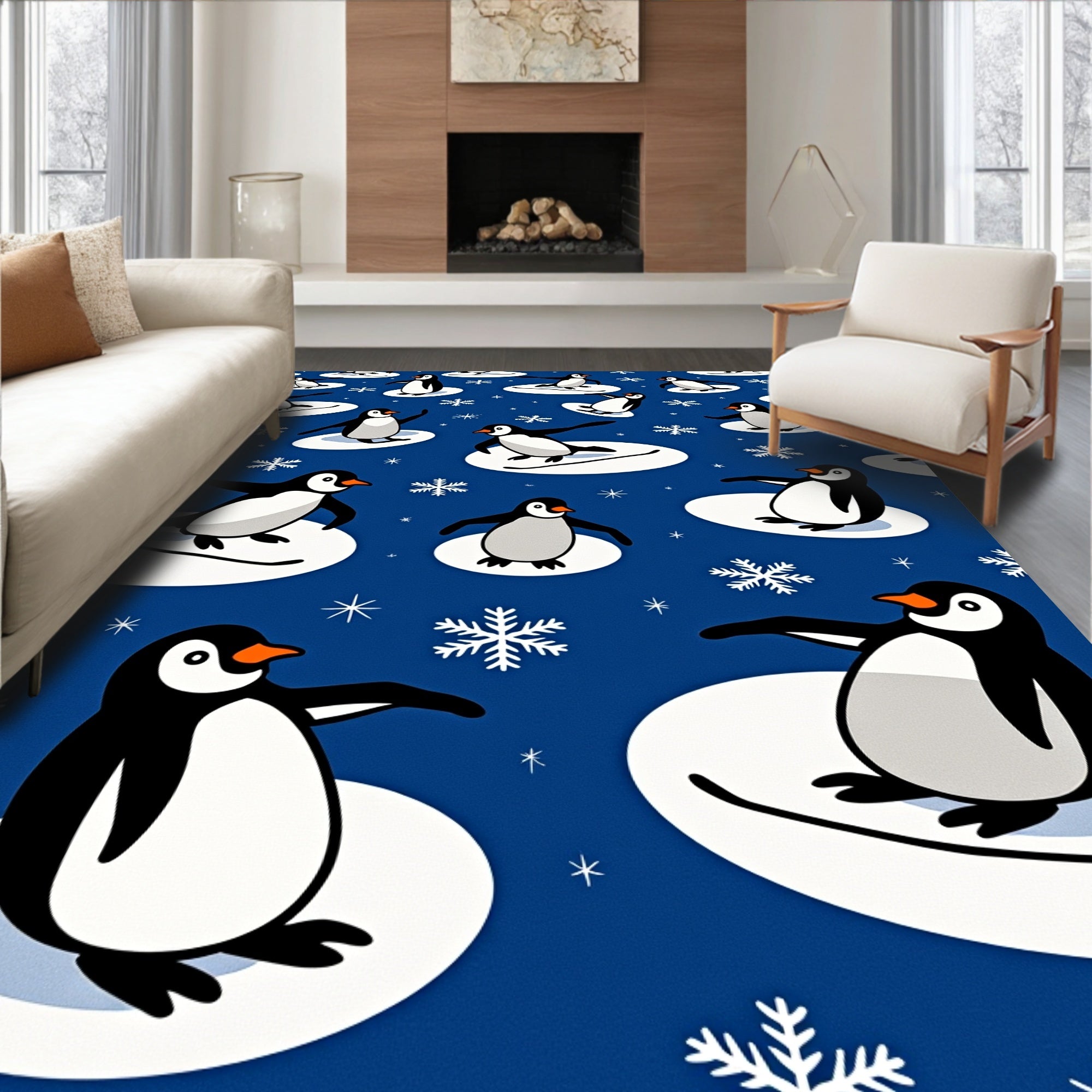 Playful Penguins on Ice Snowflakes Rug