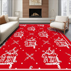 Charming Red White Folk Art Village Rug