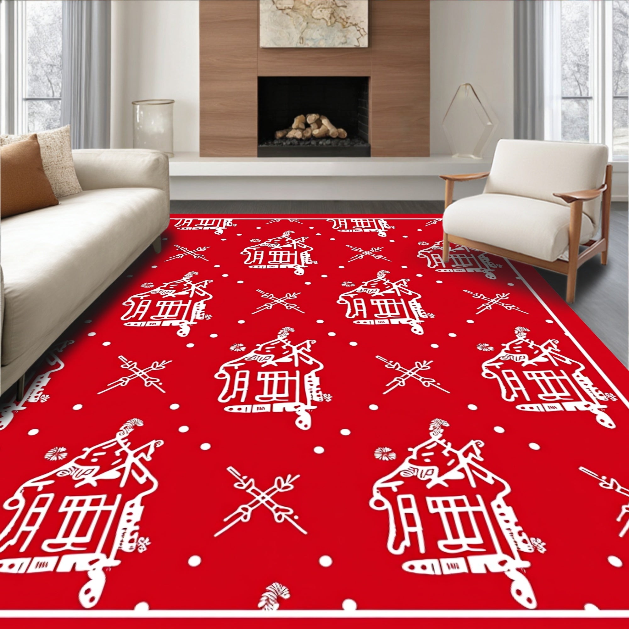 Charming Red White Folk Art Village Rug