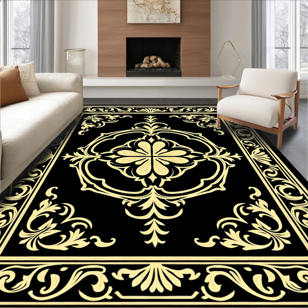 Yellow Vintage Floral Scroll Border Rug