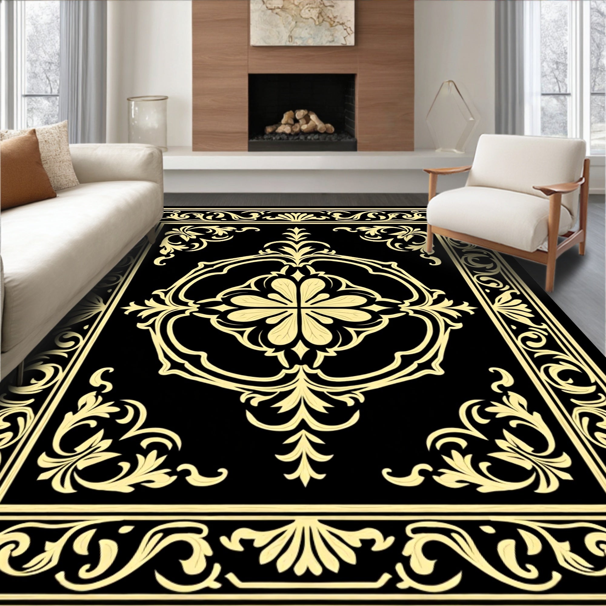 Yellow Vintage Floral Scroll Border Rug